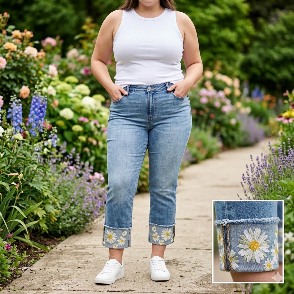 DRIFTWOOD Light Blue Cropped Daisy Cuff Jeans